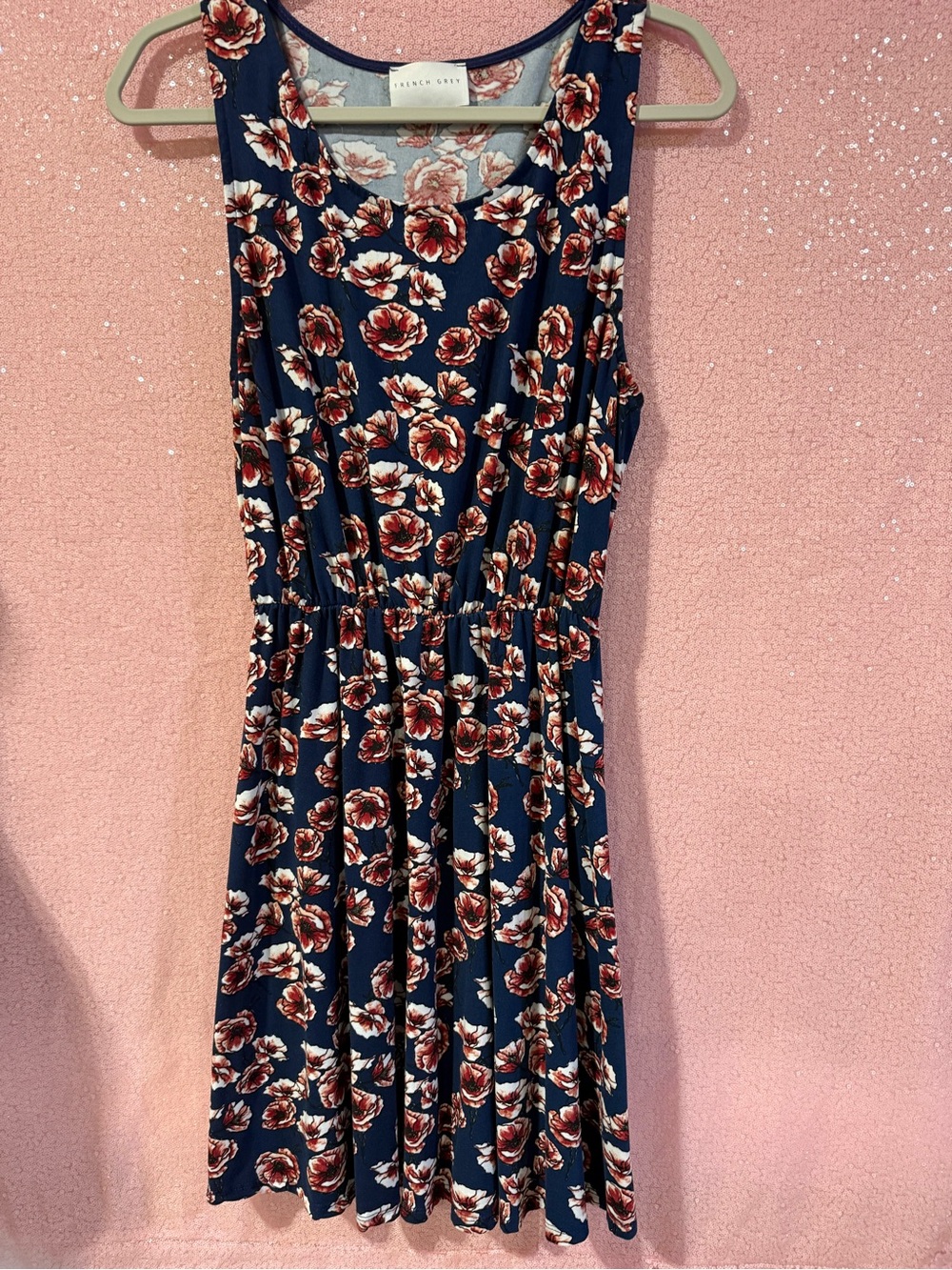 French Grey Navy Floral Midi Dress with Red Rose Print J4
